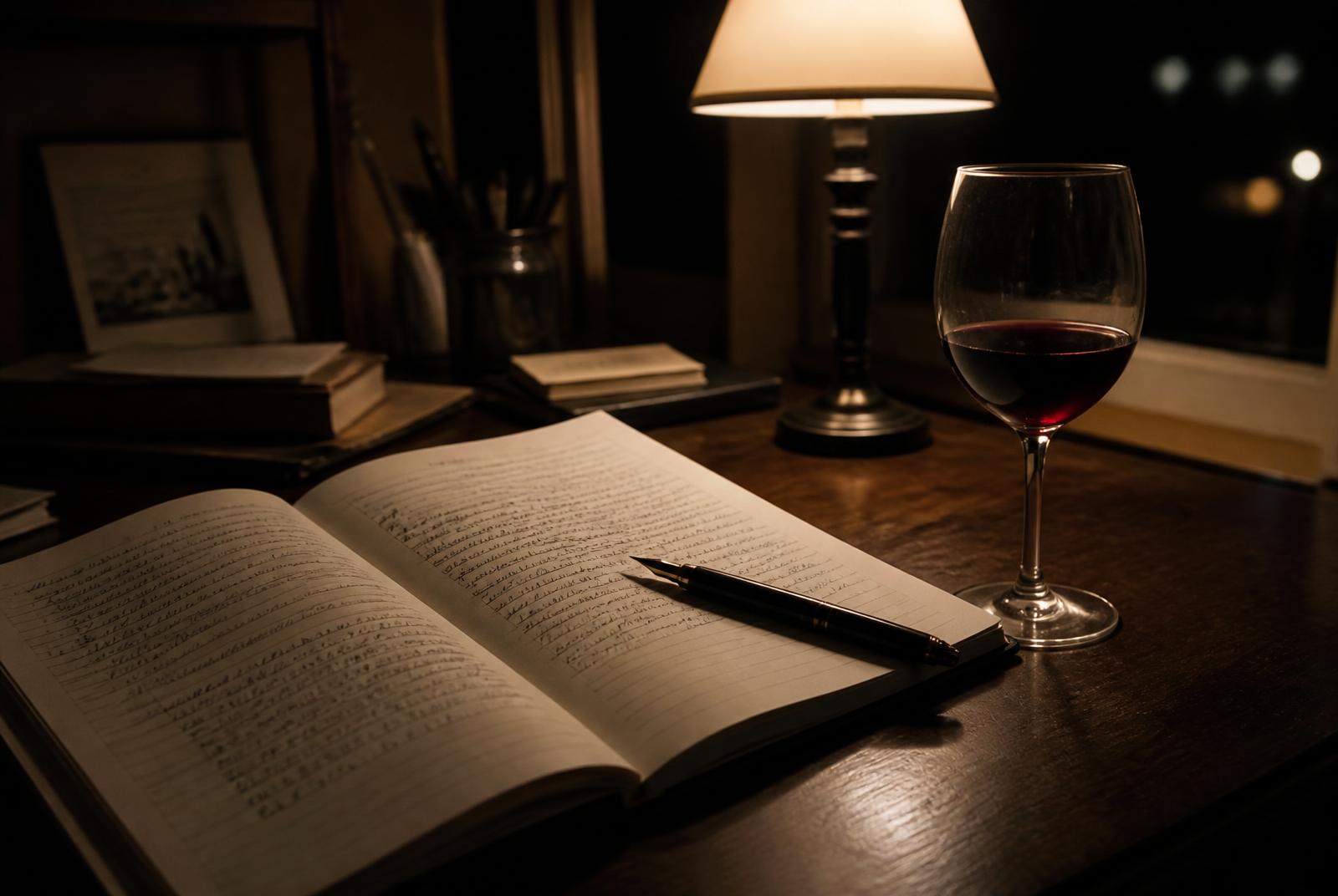 An open notebook and pen beside a glass of red wine on a desk at night