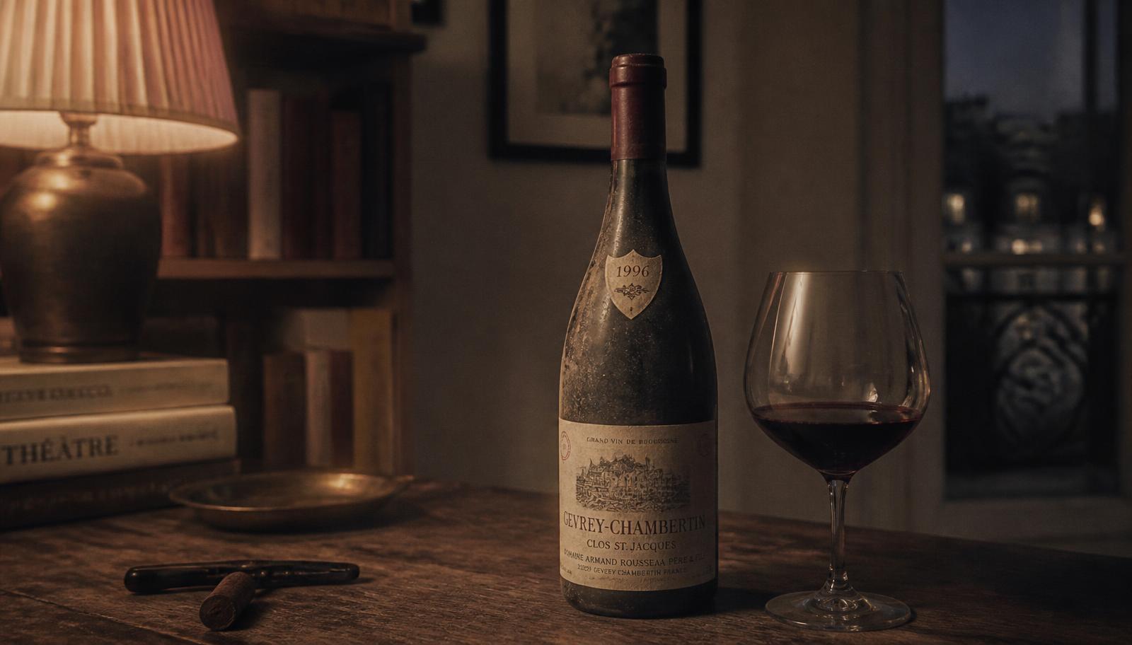 A dusty bottle of Burgundy and a single glass on a wooden table in lamplight