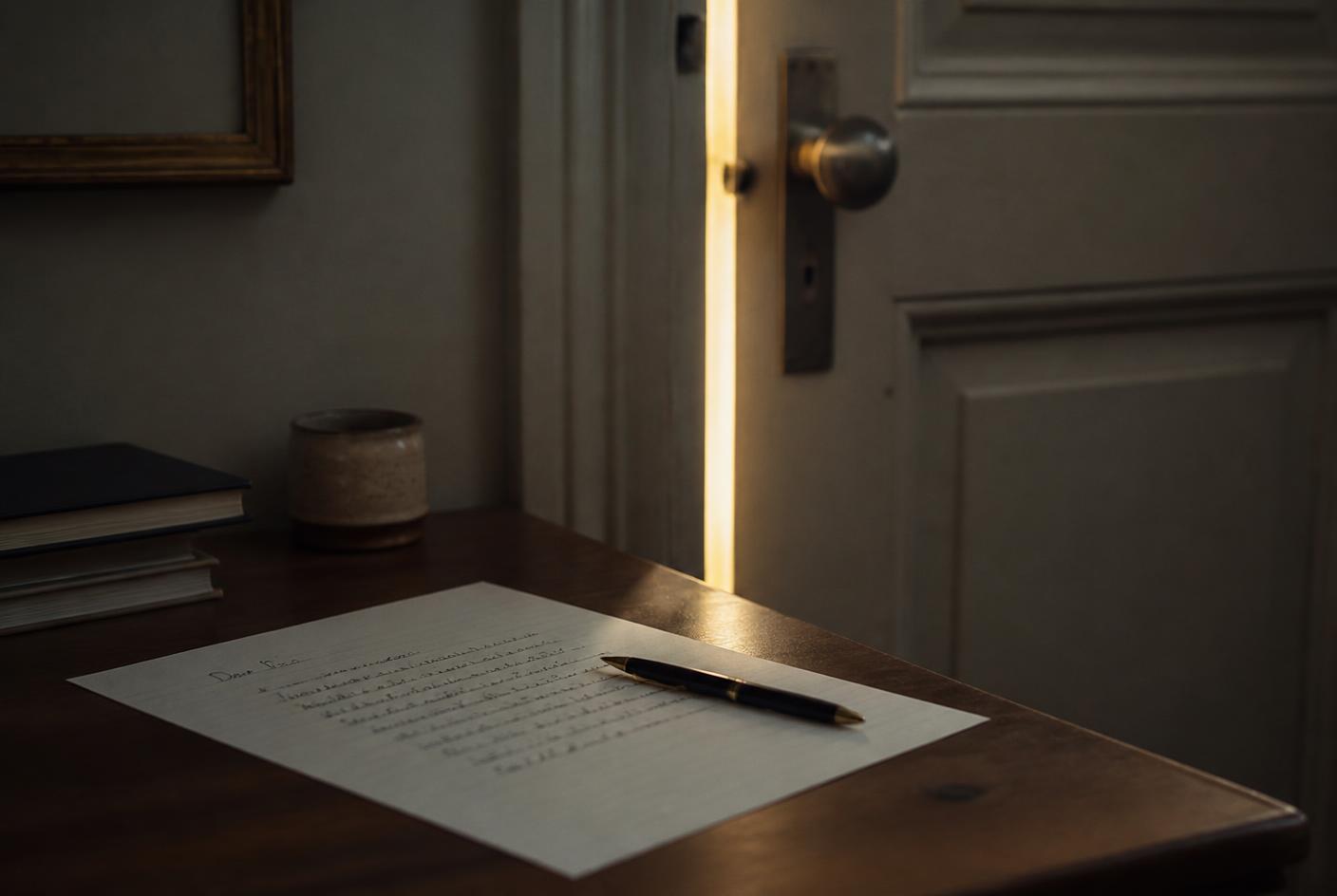 A handwritten letter on a wooden desk beside a closed door with light in the gap