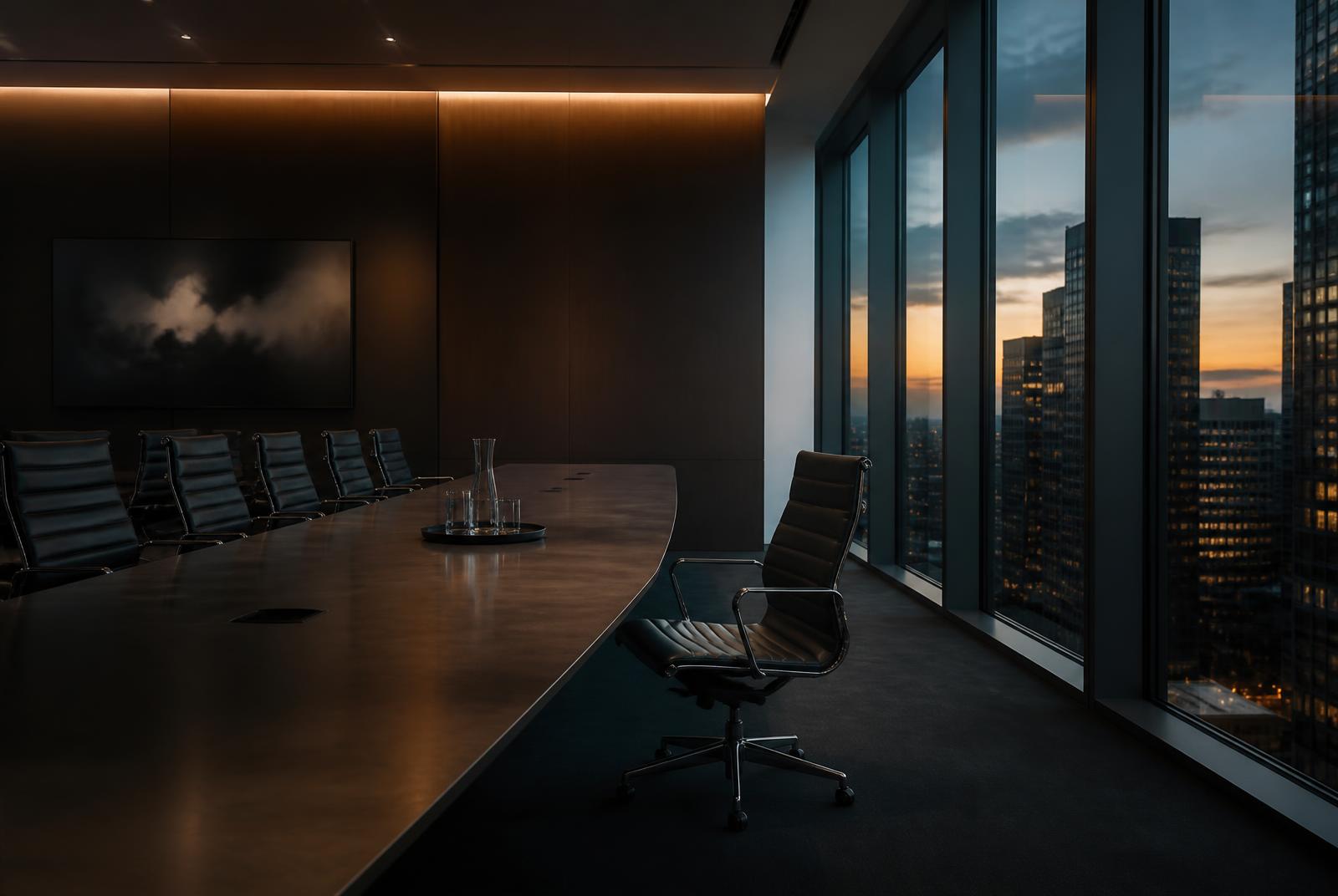 An empty boardroom at dusk with one chair pulled away from the table