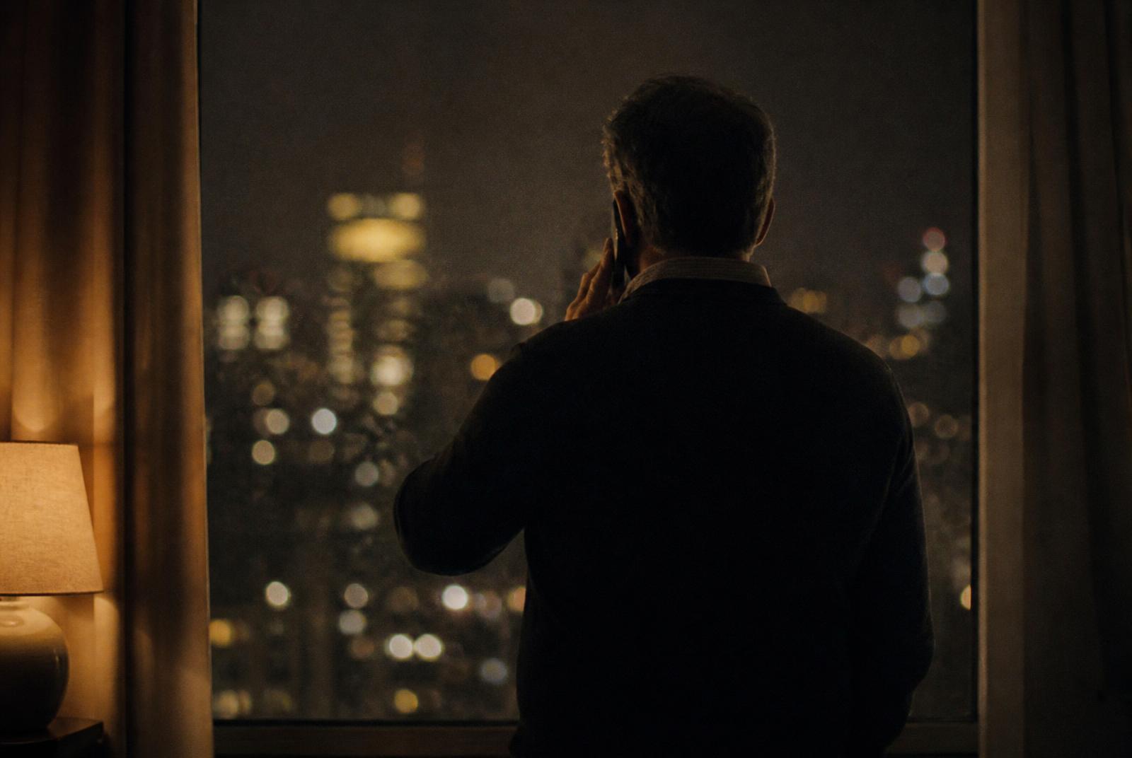 A man standing at a window at night with a phone to his ear