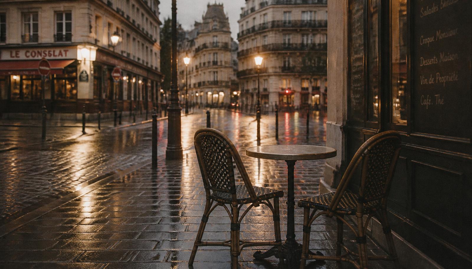 A Paris cafe table at dusk, wine glasses catching the last light