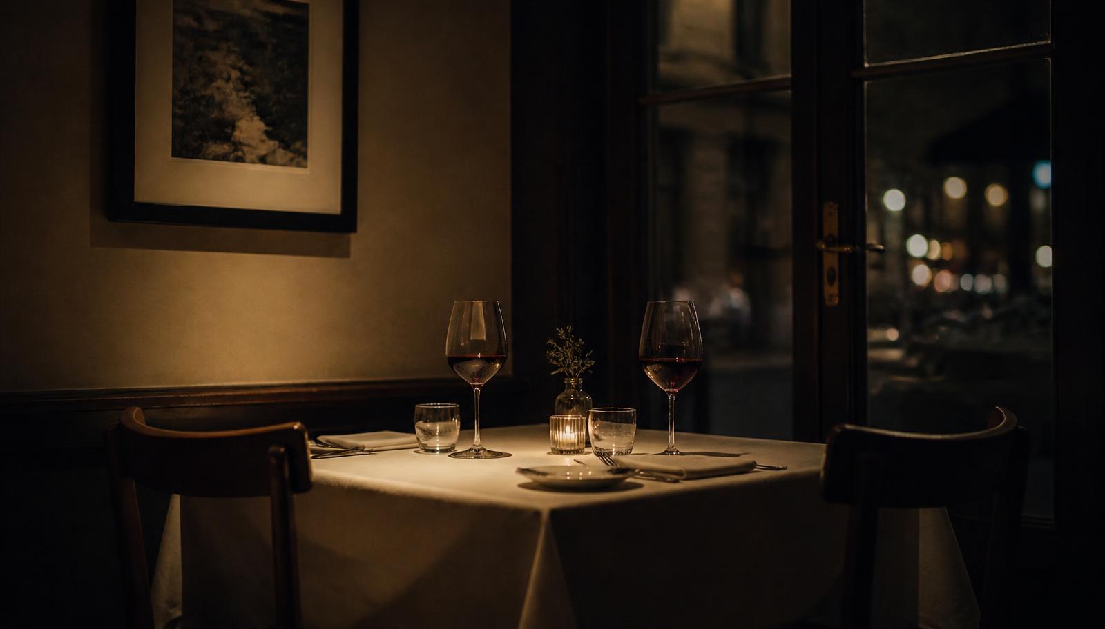 An empty candlelit restaurant table for two at night
