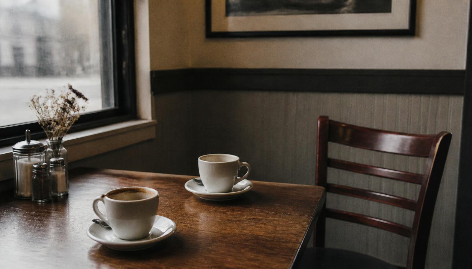 Two cups left on a table with a quiet distance between them