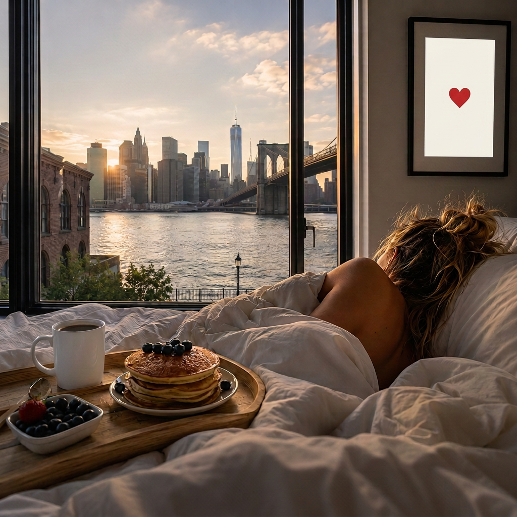 A woman asleep in a sunlit New York City apartment bed with the Manhattan skyline visible through the window at dawn
